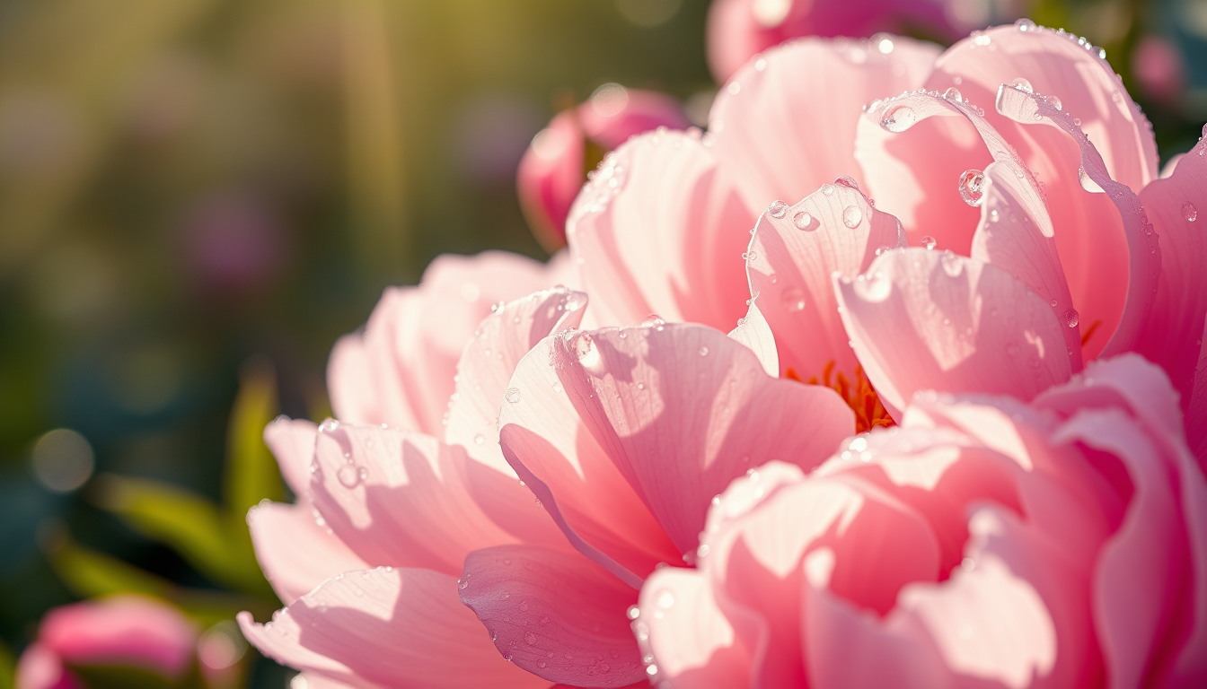 Delicate peony flowers covered with sparkling dew in the sun, stunning wallpaper design that reveals the beauty of flowers in a 3D image. - Image