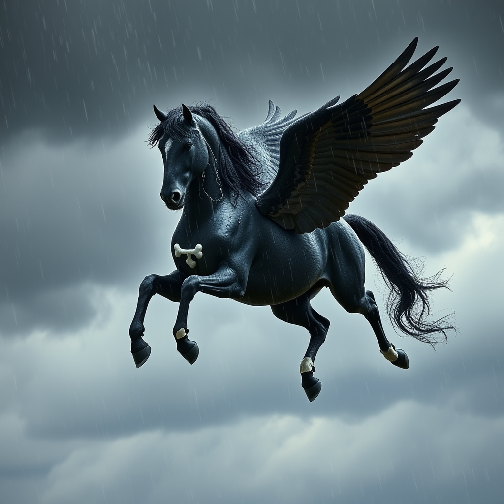 A black Pegasus flying through dark clouds while being drenched in rain. Raindrops are flowing down the Pegasus's face and body. White bones are visible on its chest, legs, wings, neck, and face. Photography. Side view.