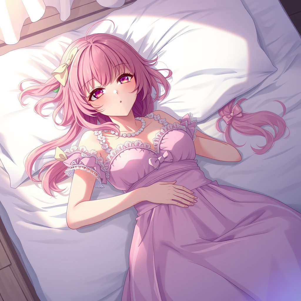 Anime art of a motherly woman, pink hair, frilly dress, detailed scene, stunning details, trending on ArtStation, laying on the bed, anime artwork, anime cel shading. - Image