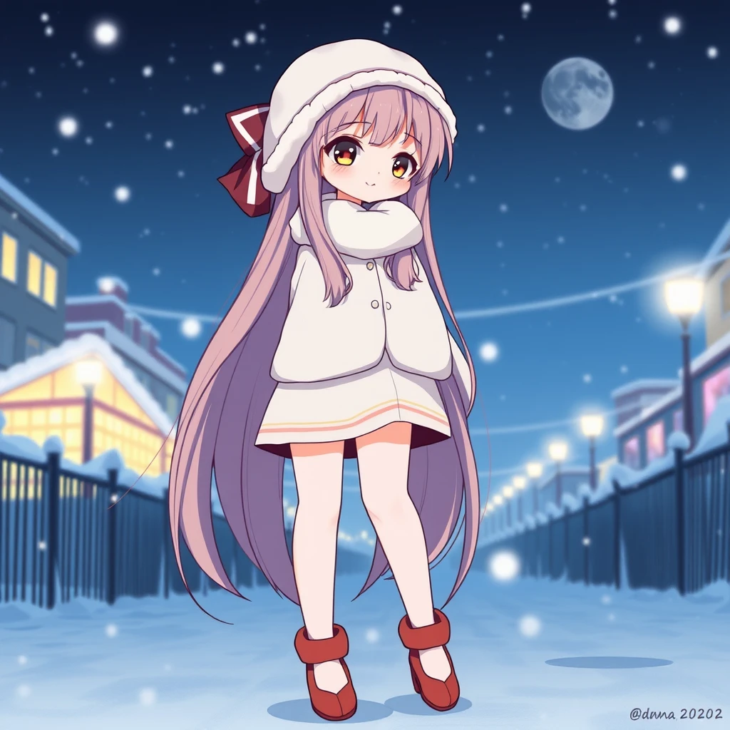 A cool cartoon girl with long legs and a beautiful face on a cold winter night, in Japanese style. - Image