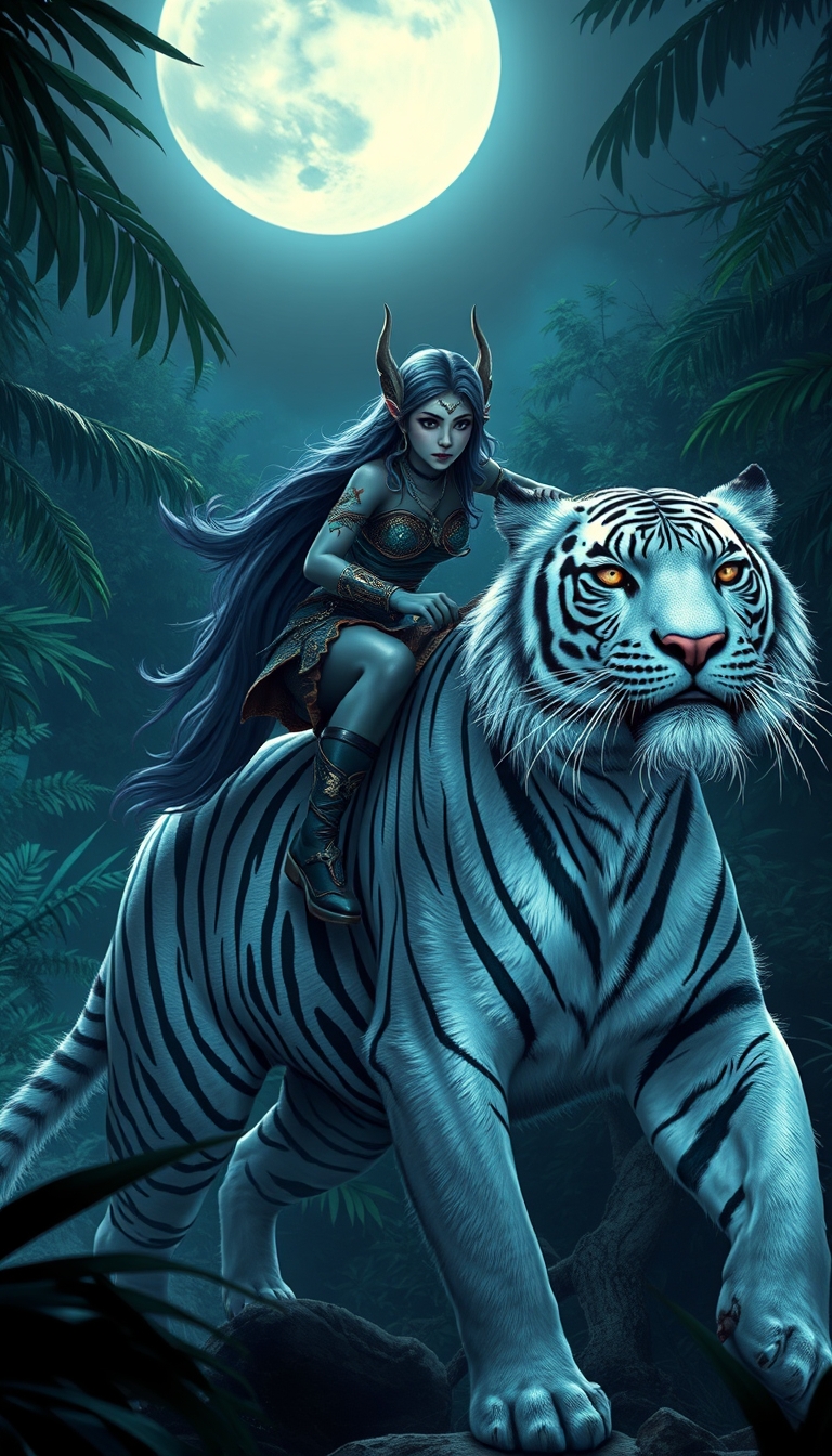 "Night elf riding a white tiger, realistic style, ultra high definition, moonlight, jungle, bright colors, cinematic style, rich in details." - Image