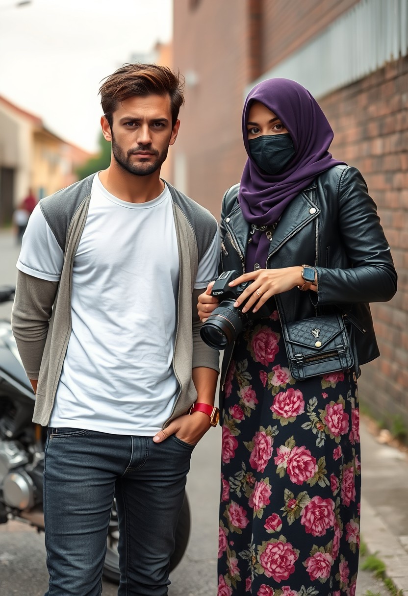 Jamie Dornan and Freddie Prinze head and body shot, handsome, young, serious face, dark brown-haired, white T-shirt, collage jacket, skinny jeans, sneakers, standing, discussing with a short purple hijab Muslim girl, beautiful eyes, face mask, black leather jacket, biggest floral skirt, holding a DSLR Canon camera, near town road, superbike, hyper realistic, street photography, brick wall, full body photo. - Image