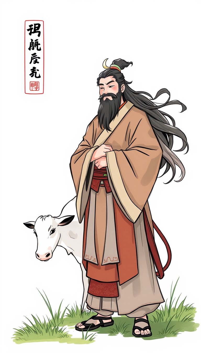 Illustration of Gong Mingyi, in traditional Chinese attire, standing up with a gentle smile, realizing the futility of his effort. Long hair flowing in the breeze, cow focused on eating grass. (traditional Chinese art) - Image