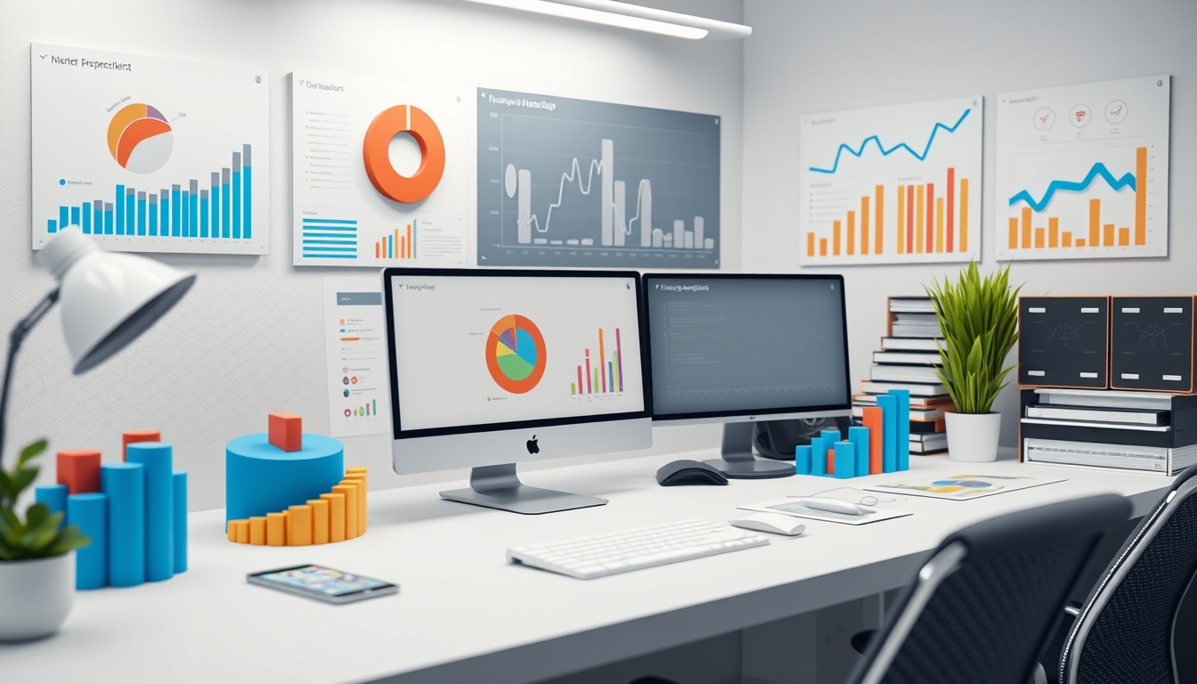 Organized Workspace with 3D Pie Charts and Graphs, Ideal for Business Presentations, Copy Space Available - Image