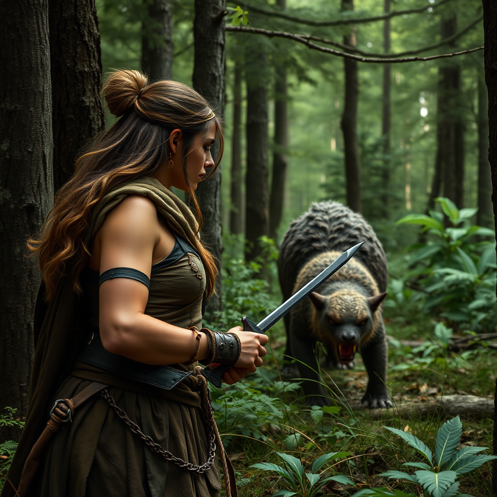 Real-life photography: In the forest, a female barbarian encounters a dangerous animal. She can see it, but it is invisible to others.