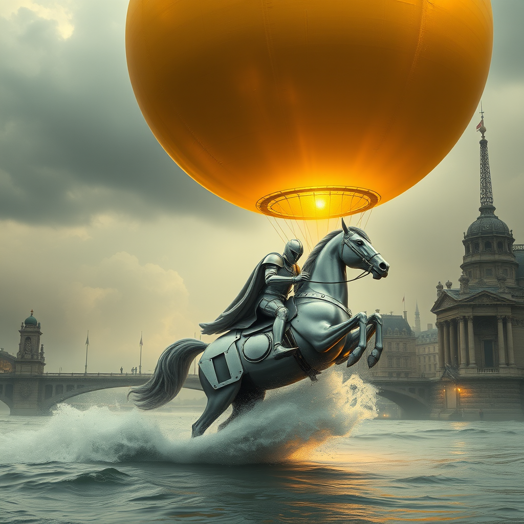 Giant perfect smooth gold sphere with a fiber texture floats above in the sky, with a giant flame underneath to elevate the sphere like a hot air balloon, floating over vintage Paris in the style of the 1900 Universal Exhibition, retro-futuristic aesthetic. Giant waves flood the city as a knight of the apocalypse rides a silver mechanical horse in silver armor, emerging proudly from the Seine, galloping while slicing through the water, beneath a stormy sky—doomsday, apocalypse, steampunk, backlight, mist and fire embers, perspective pop rock fluo collage, sci-fi steampunk machinery, with extra dust particles, cloud, octane render, and paper art ink art, Melies, Jules Verne. - Image