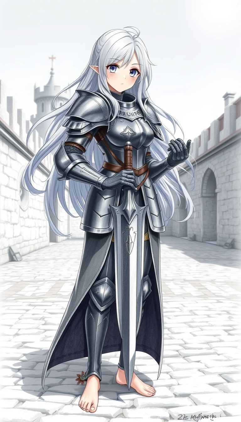 Girl knight in normal armor, holding a rapier; detailed, realistic anime style; pencil drawing; full-body view; background: medieval castle courtyard with cobblestone ground and stone walls; setting: bright daylight with clear skies. The armor should be practical and well-crafted, covering her entire body, with a slight shine to it. The rapier should have an ornate guard and a sharp, elegant blade. She has a determined expression on her face, with her eyes a rare shade of violet. Her hair is long, flowing, and silver, contrasting with the dark metal of her armor. No chest exposure, androgynous or femmeboy appearance, small chest, barefoot; muscular or athletic features; gradient background; no watermark. masterpiece, best quality, 8k resolution, trending on pixiv, illustration, official art, (breathtakingly gorgeous anime girl:1.3), (ultra-detailed, expressive eyes:1.8), captivating gaze, intricate irises and pupils, sparkling eye reflections, long, elegant eyelashes, meticulously drawn eyelashes, flowing hair, delicate, elegant fingers, five fingers, anatomically correct hands, intricate hand details, visible pores, subtle skin texture, (vibrant, harmonious color palette:1.2), professional anime art, cinematic lighting, soft lighting, sharp focus, stunning, beautiful, emotive, whimsical, enchanting, storybook illustration. - Image