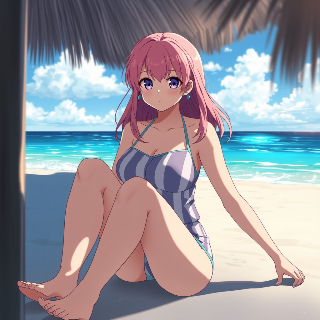 Anime art of a motherly woman, medium shot, pink hair, school swimsuit, detailed scene, sitting at the beach, stunning details, trending on ArtStation, anime artwork, anime cel shading, detailed soft shadows.