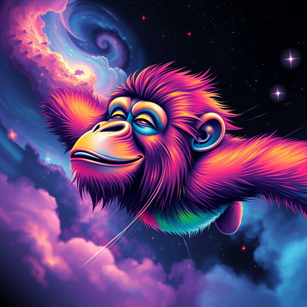 A captivating digital painting of a happy ape soaring through a dreamy, cosmic landscape. The ape sports a vibrant rainbow color palette, with flashes of color interspersed throughout the scene. The background features a starry cosmos with swirling galaxies and nebulas. The ape's eyes are closed, exuding a serene expression, while its serene smile is a testament to its peaceful state. The glitchy edges, fading to black, add a unique and striking touch to the design. The subtle acid rainbow cubic glitch effect adds depth and visual intrigue to this mesmerizing, dreamy t-shirt design. - Image