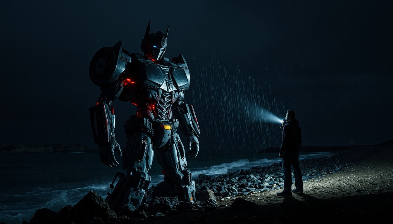 On the seaside in the dark night, there is a reef along the coast, and a scarred Transformer is leaning against the reef. The Transformer's left arm is missing, exposing the connection line, which is emitting sparks like fireworks. A man is looking at the Transformer with a flashlight in the rain.