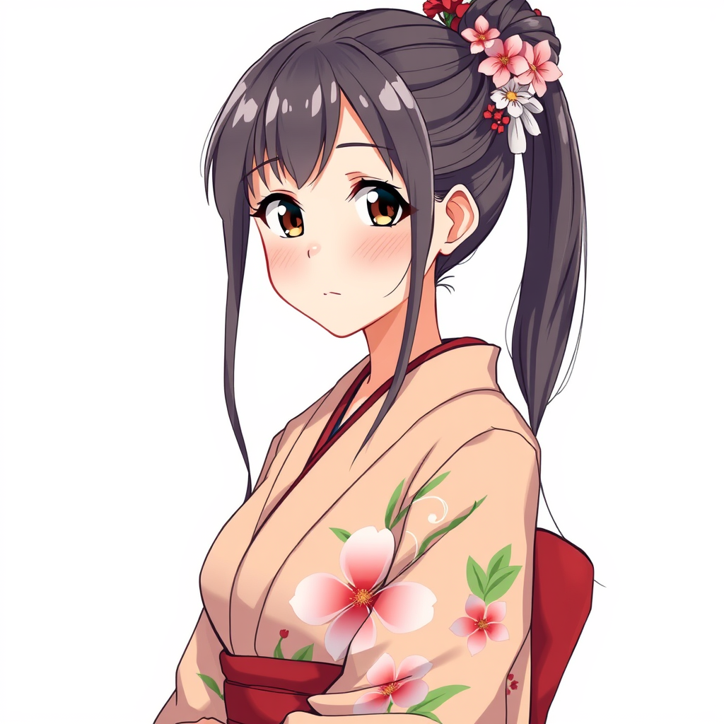 Anime illustration of a motherly woman, hairstyle, flower print kimono, natural reflective, detailed body, standing, white background, anime illustration, illustration quality, sharp cel shadows.