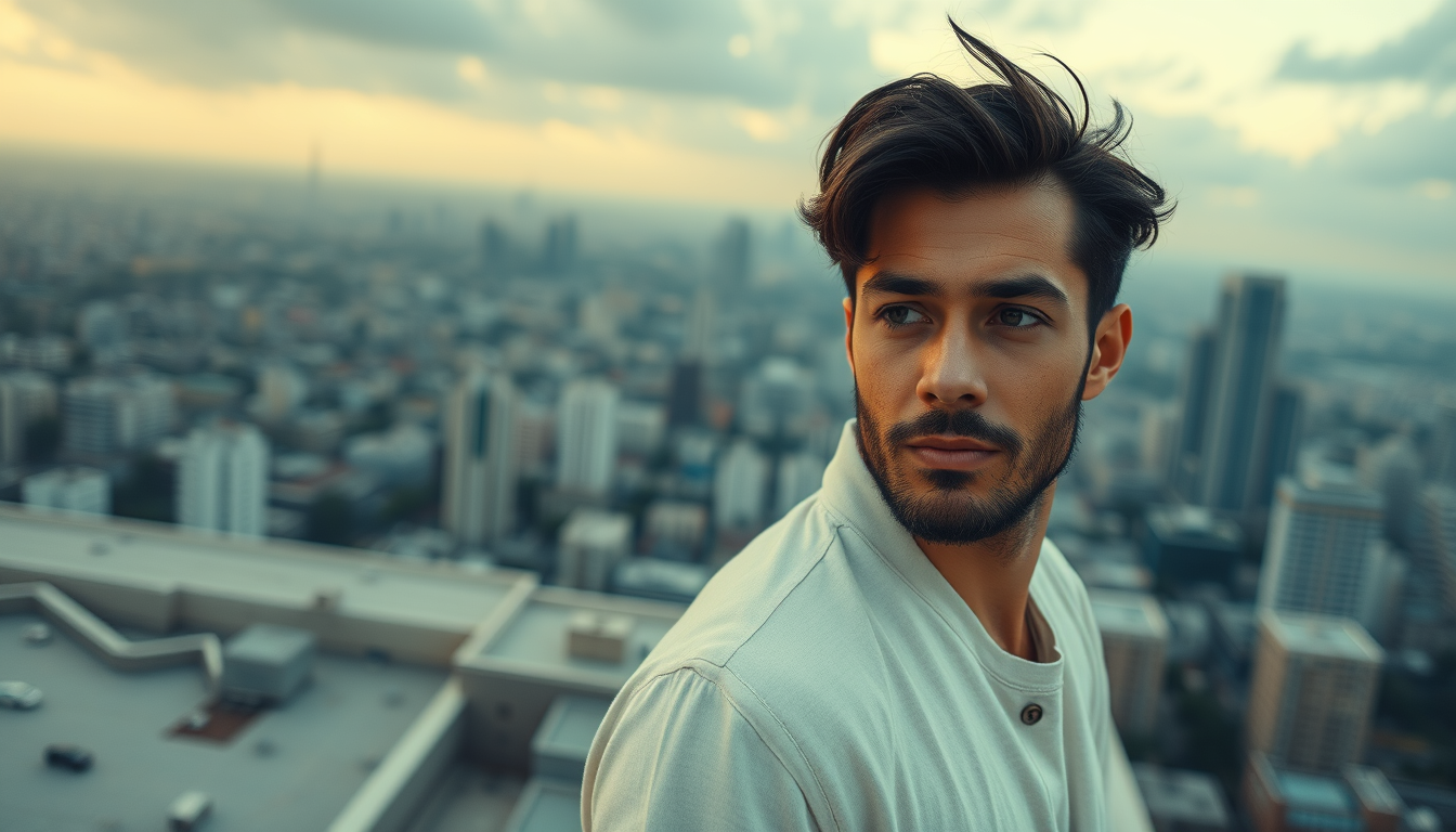 Ultra realistic photography portrait of a man on a building roof with a city horizon, 8K cinematic, post-processing, super-resolution, intricate details.