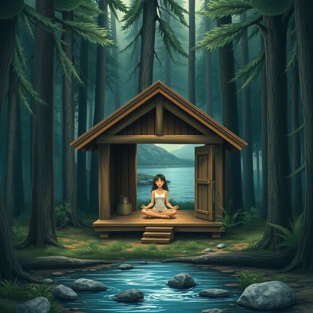 "Forest, a wooden cabin, a girl meditating inside the cabin, with a river in front, the cabin and the river at a distance, realistic style."