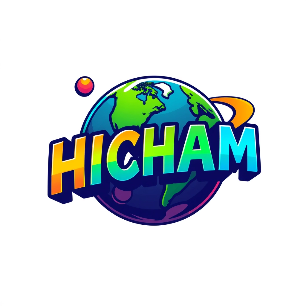 "HICHAM HACHLOUT" Text, logo design 2D, Planet Style, colorful.