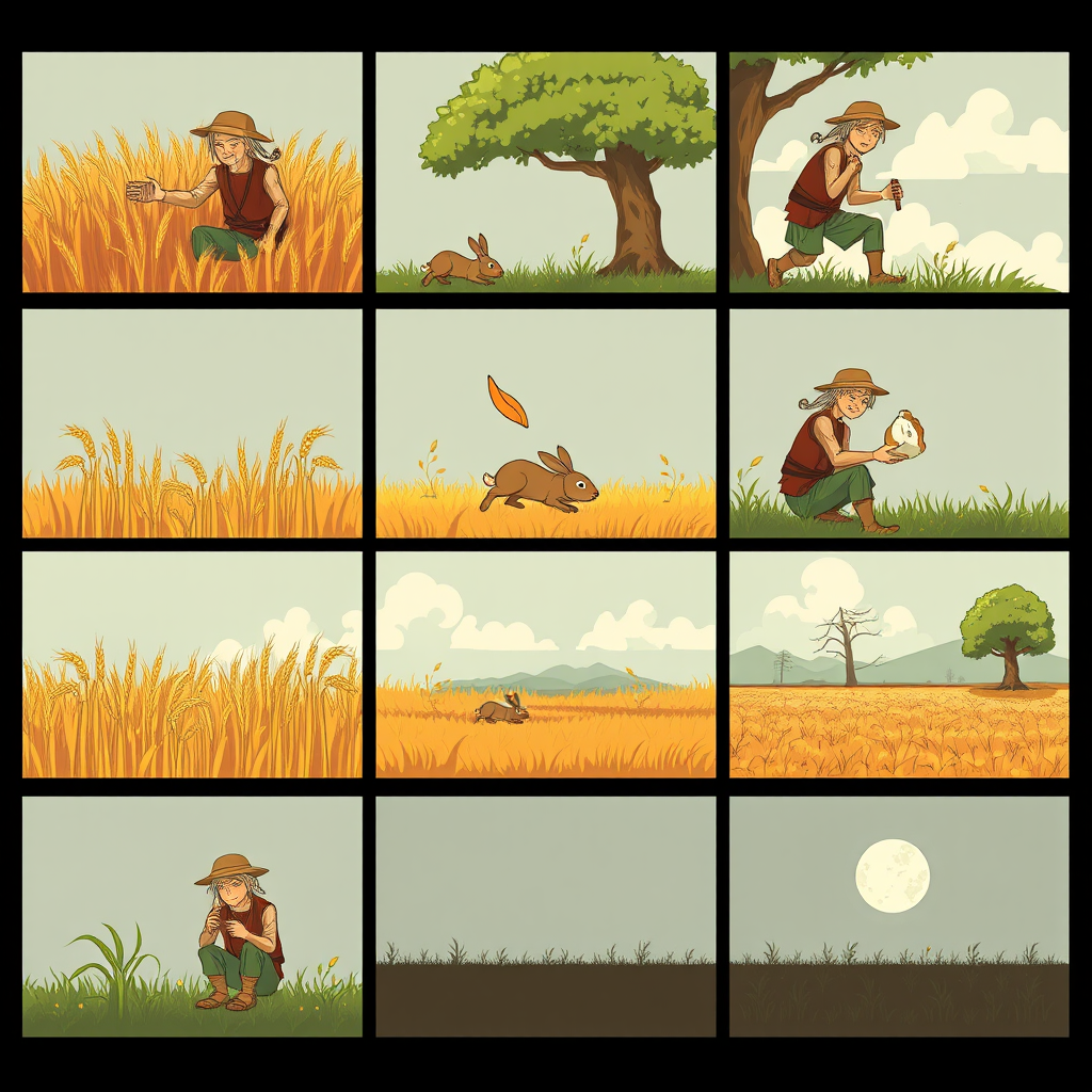 The image style is "cyberpunk," featuring an ancient farmer in a nine-cell sequence. The characters in each scene will all depict the same farmer, ensuring that the face shape and clothing remain consistent throughout. 

Cell one: The farmer is harvesting wheat.  
Cell two: The farmer is sitting under a tree, and a rabbit is rushing by.  
Cell three: The rabbit is lying dead on the ground.  
Cell four: The farmer is running, and the rabbit is in his hand.  
Cell five: The farmer sighs while sitting under the tree.  
Cell six: The farmer is eating.  
Cell seven: The crops have withered.  
Cell eight: The farmer is planting seeds in the field.  
Cell nine: Everything is gone. - Image