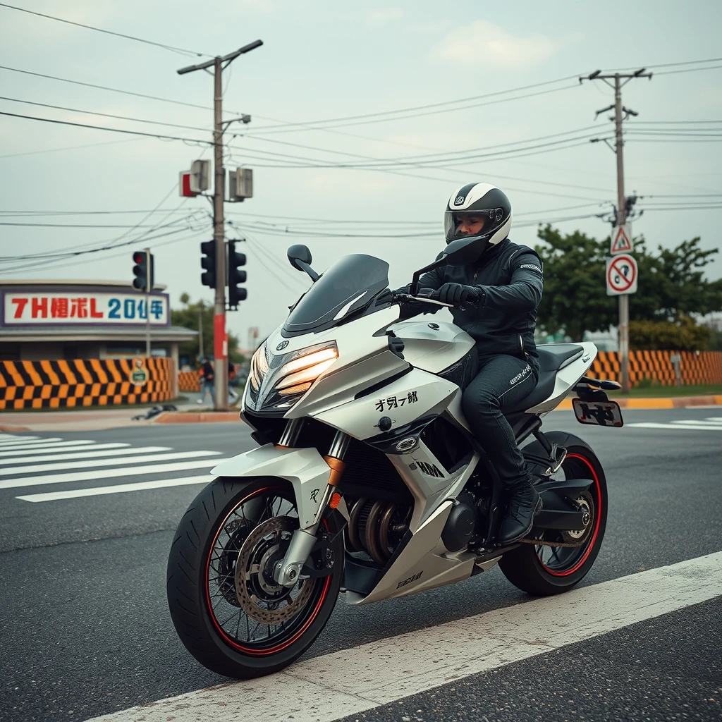 "At the crossroads, someone is riding a futuristic motorcycle, with Chinese characters or Japanese."