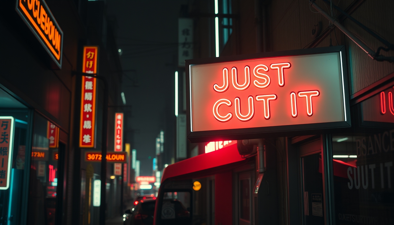 In the future, the streets are filled with neon lights. A salon shop signboard reads 'Just Cut It.' - Image