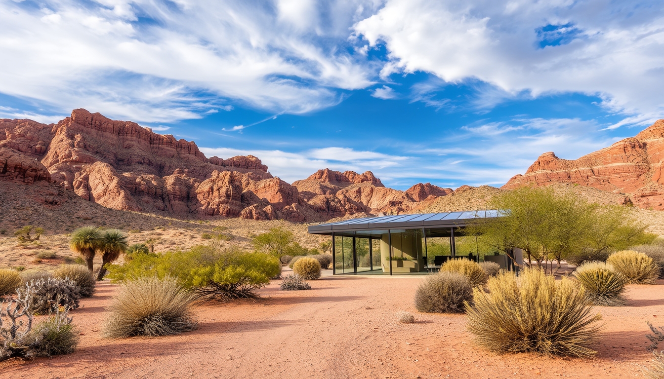 A dramatic desert landscape with a glass pavilion offering shade and shelter.