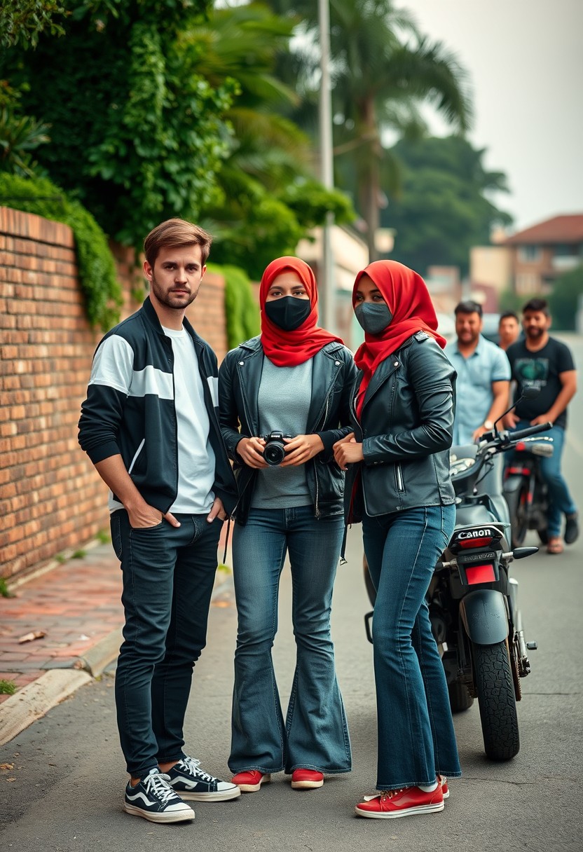 Jamie Dornan and Freddie Prinze, head and body shot, handsome, young, serious face, dark brown hair, white T-shirt, college jacket, skinny jeans, sneakers, standing, discussing with two guys and a short, slim, red hijab Muslim girl with beautiful eyes, a black face mask, black leather jacket, grey long T-shirt, bell bottom jeans, red sneakers, holding a Canon DSLR camera, near a town road, superbike, hyper-realistic, street photography, brick wall, full body photo, with five other random American friends smiling in the background.