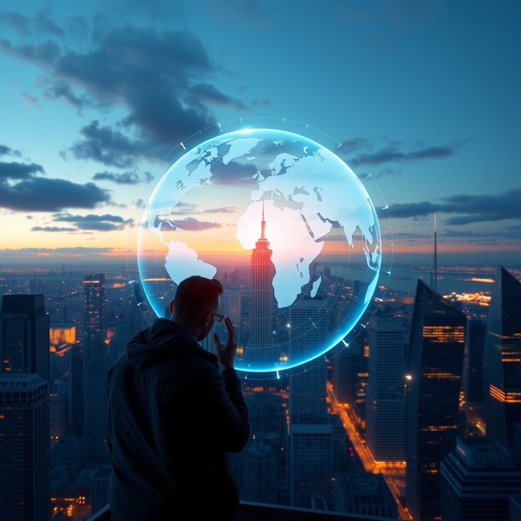 Futuristic businessman overlooking cityscape with digital globe hologram in background. - Image