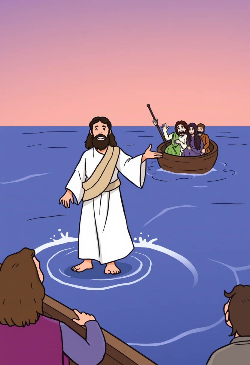 Depict Jesus walking calmly on water, with surprised disciples in a boat witnessing the miracle. Cartoon style, thick lines, low details, no shading.