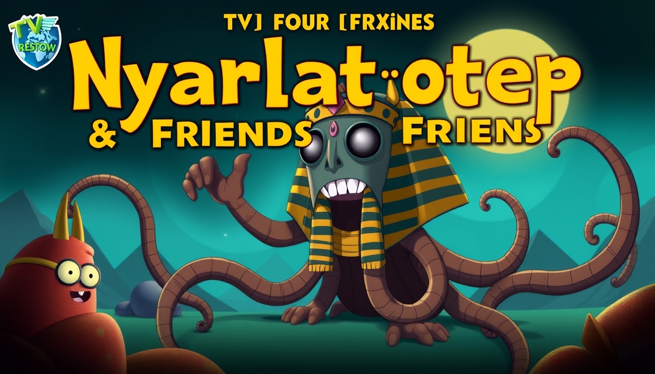 Poster for a TV show for kids called "Nyarlathotep & Friends" about an Egyptian god with tentacles.