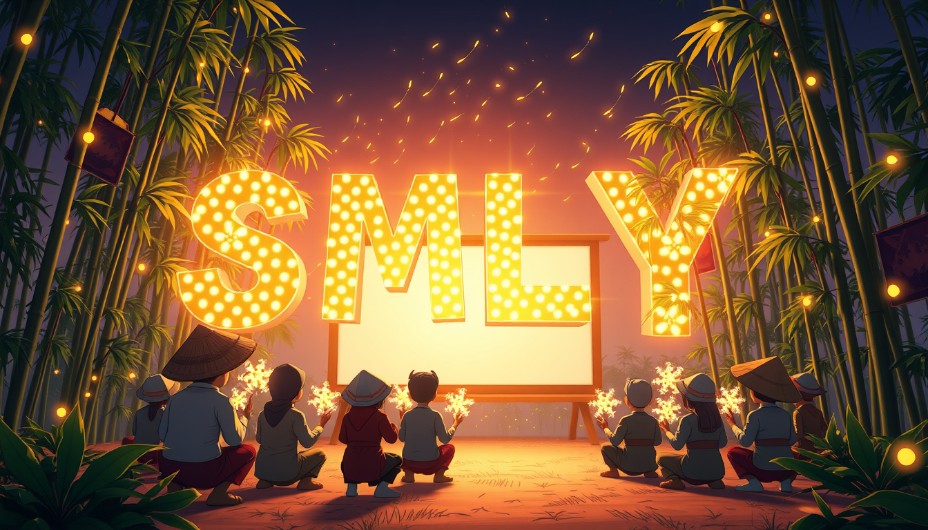 Cartoon style: Vietnamese villagers gather in a clearing surrounded by bamboo groves, facing a glowing screen. Firefly-like lights dance from their palms, converging to form a shimmering "SMLYT" above the sky. The letters are depicted in a bold, cartoon 3D style with exaggerated proportions and vibrant colors. Each letter appears to be made of a different material - metal, wood, crystal, and living plants - with animated textures that continuously shift and change. - Image