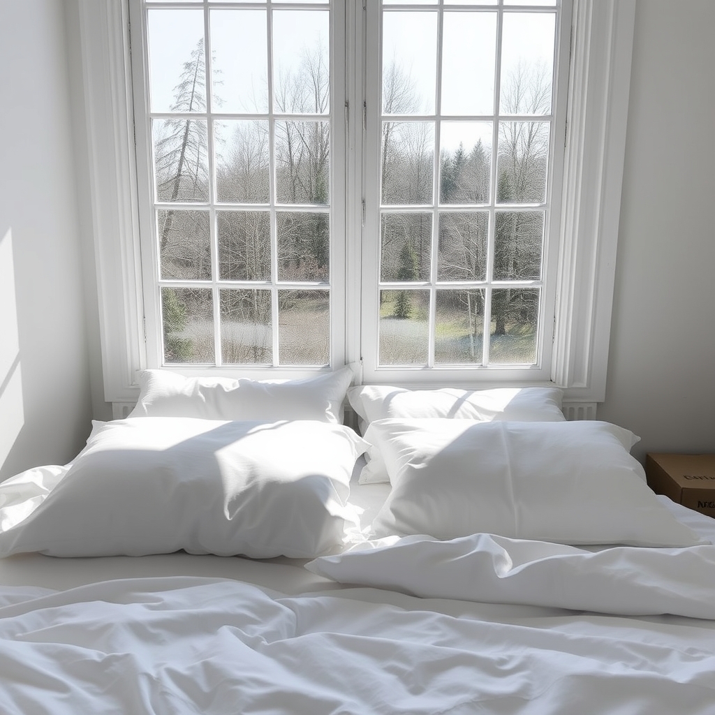 A bed with white sheets and pillows in front of a window - Image