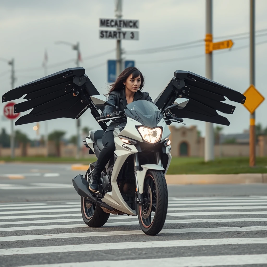 At the crossroads, a woman is riding a smart motorcycle, which has huge mechanical wings.