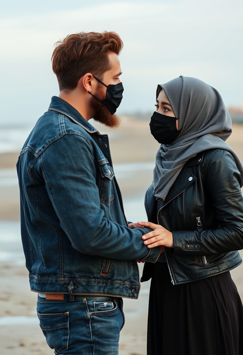 Jamie Dornan's head and body shot, handsome, black face mask, denim jacket, jeans, dating, love couple, joking, with the biggest gray hijab Muslim girl, black face mask, beautiful eyes, black leather jacket, biggest skirt, at the beach, hyper-realistic, street photography.