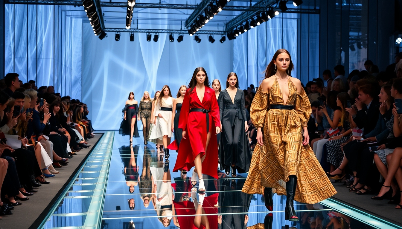 A high-end fashion show with models walking down a glass runway.