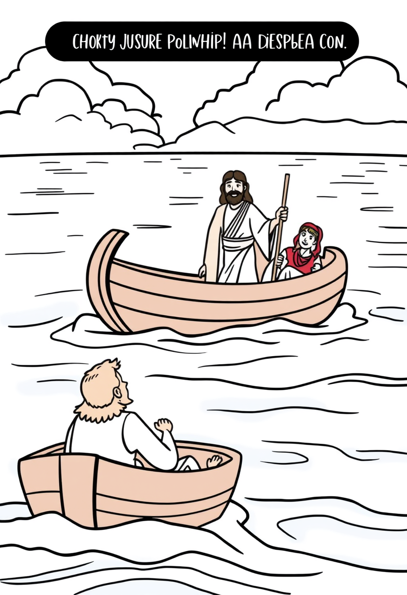 Depict Jesus walking calmly on water, with surprised disciples in a boat witnessing the miracle. A coloring book page, cartoon style, thick lines, low details, no shading.