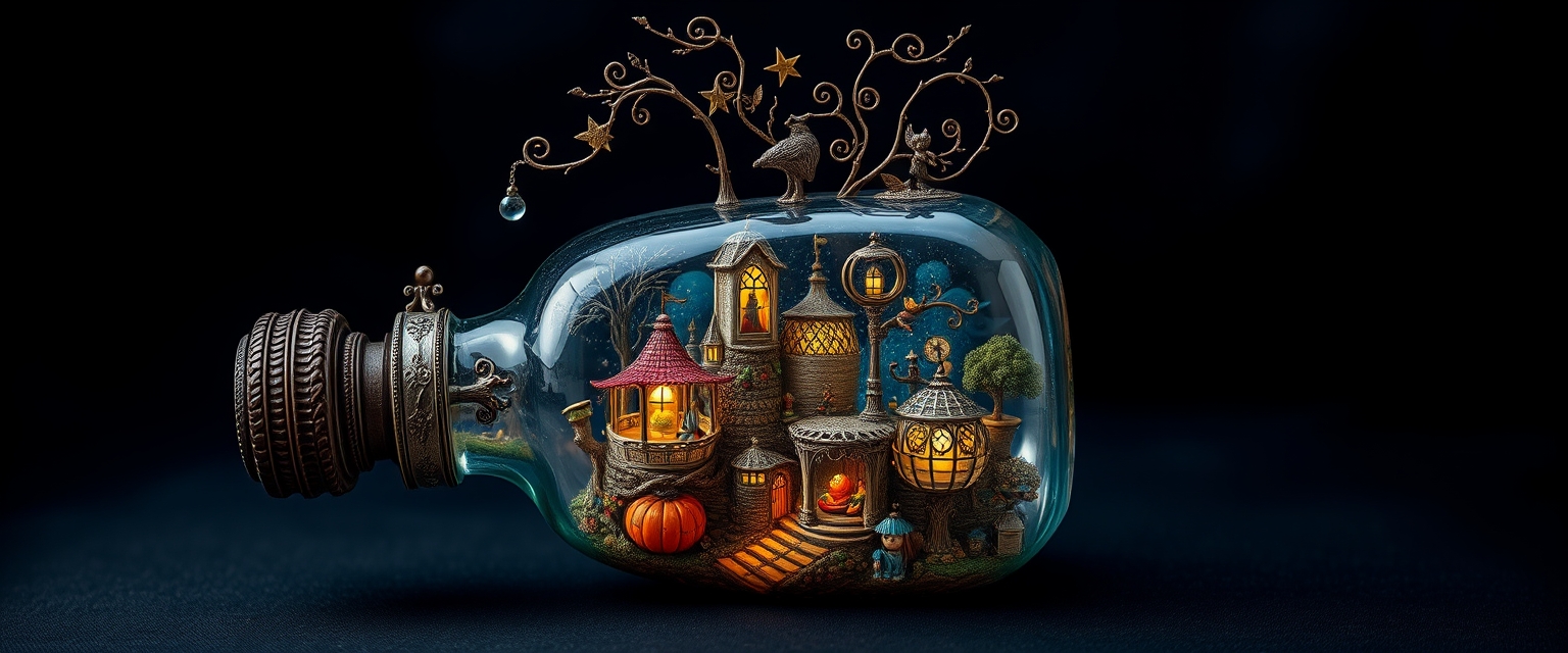 best quality, reality-shot, realism, realistic photography of an elaborate bottle with whimsical elements, magical fairytale landscape, fantasy style art, dark blue theme, intricate details, ultra sharp, exquisite detail, flawless composition, vivid colors, masterpiece, exciting background.