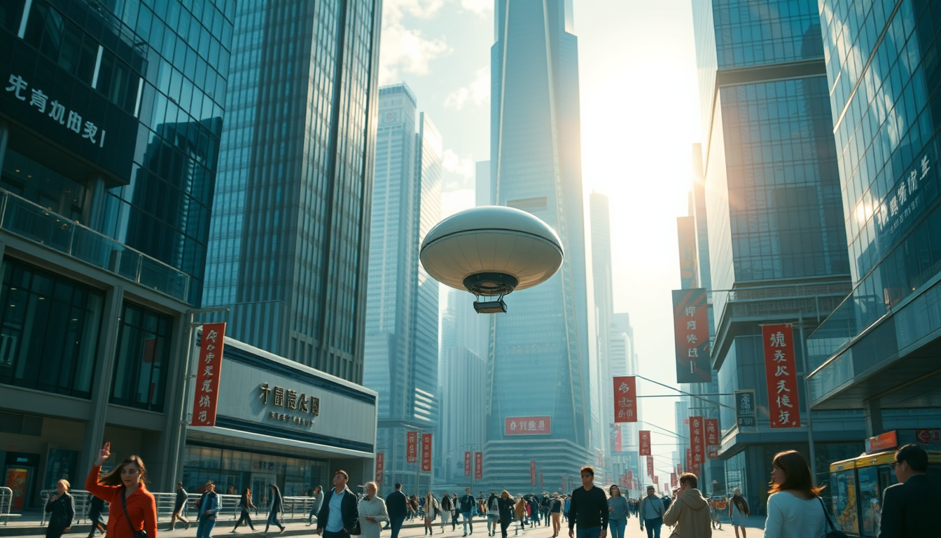 Create a stunning high-resolution image of a futuristic city. The skyline should be filled with towering skyscrapers and a handful of hidden Chinese signs. Include a light-colored elliptical balloon-type robot hurtling through the air, with tiny black balancers on either side of the balloon; no ropes should appear. The streets should be bustling with people dressed in fashion-forward attire. Highlight the small balloon-type robot, performing its rounds in the sky, and the beautiful sunlight reflecting on the glass surfaces of the buildings, creating an atmosphere of excitement and innovation. Very clear and realistic details, an overall bluish atmosphere, complementary colors, best quality!