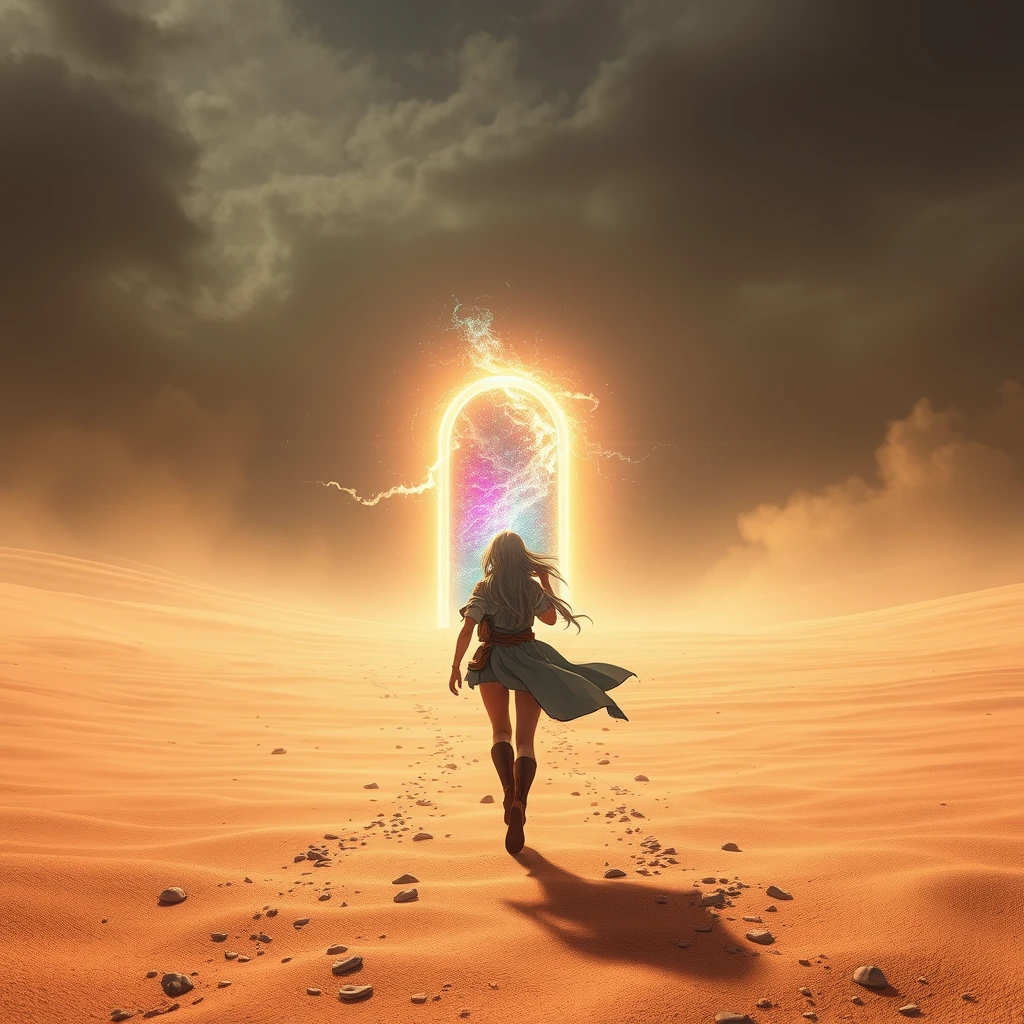 In a barren desert, the wind howls and the gravel flies. A heroic girl stood with agile posture. Her long hair swayed in the wind, and her gaze was firm and sharp. Suddenly, a portal shining with a strange light appeared in the space ahead, containing a colorful flow of energy. The girl walked towards the portal without hesitation, every step filled with determination. As she stepped into the portal, the light completely enveloped her, and her figure gradually disappeared into this desert. Picas style, 3D rendering, ultra-high definition picture quality, 38k, - niji 6. - Image