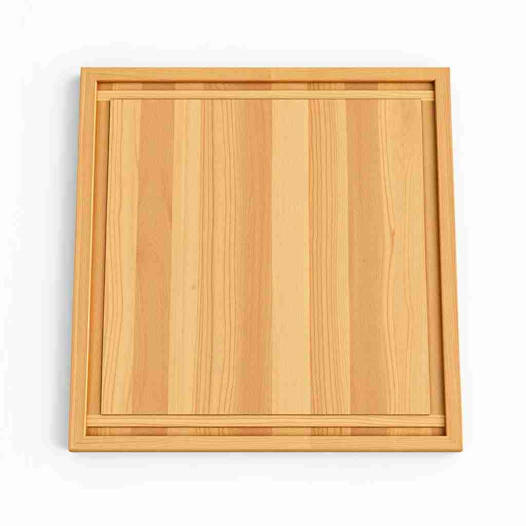 The image presents a 3D rendering of a board. The game board, made of wood, is the central focus of the image. It is a square board with a wooden top and a wooden bottom.