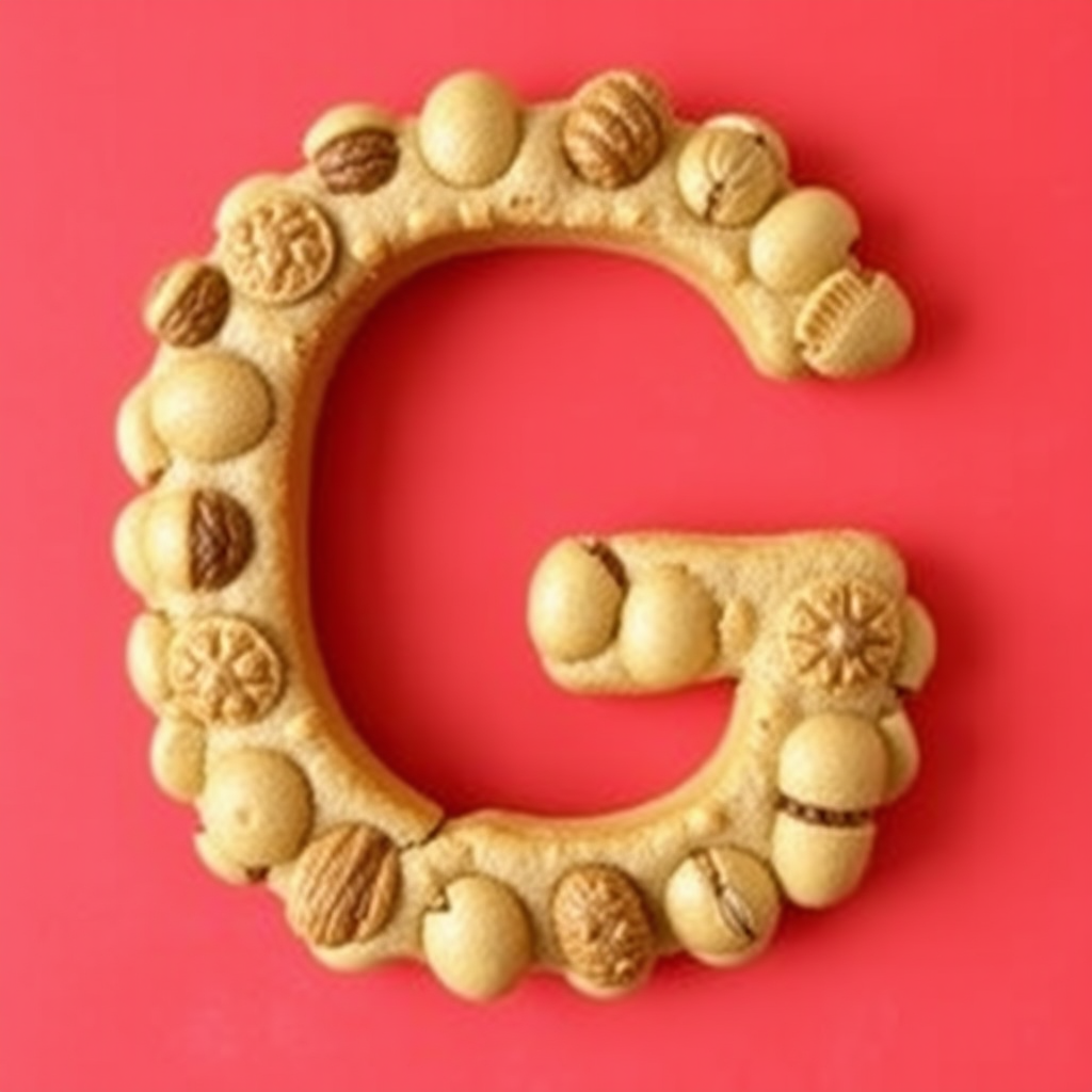 A letter "G" made of nut cookies, light red background, realistic photograph.