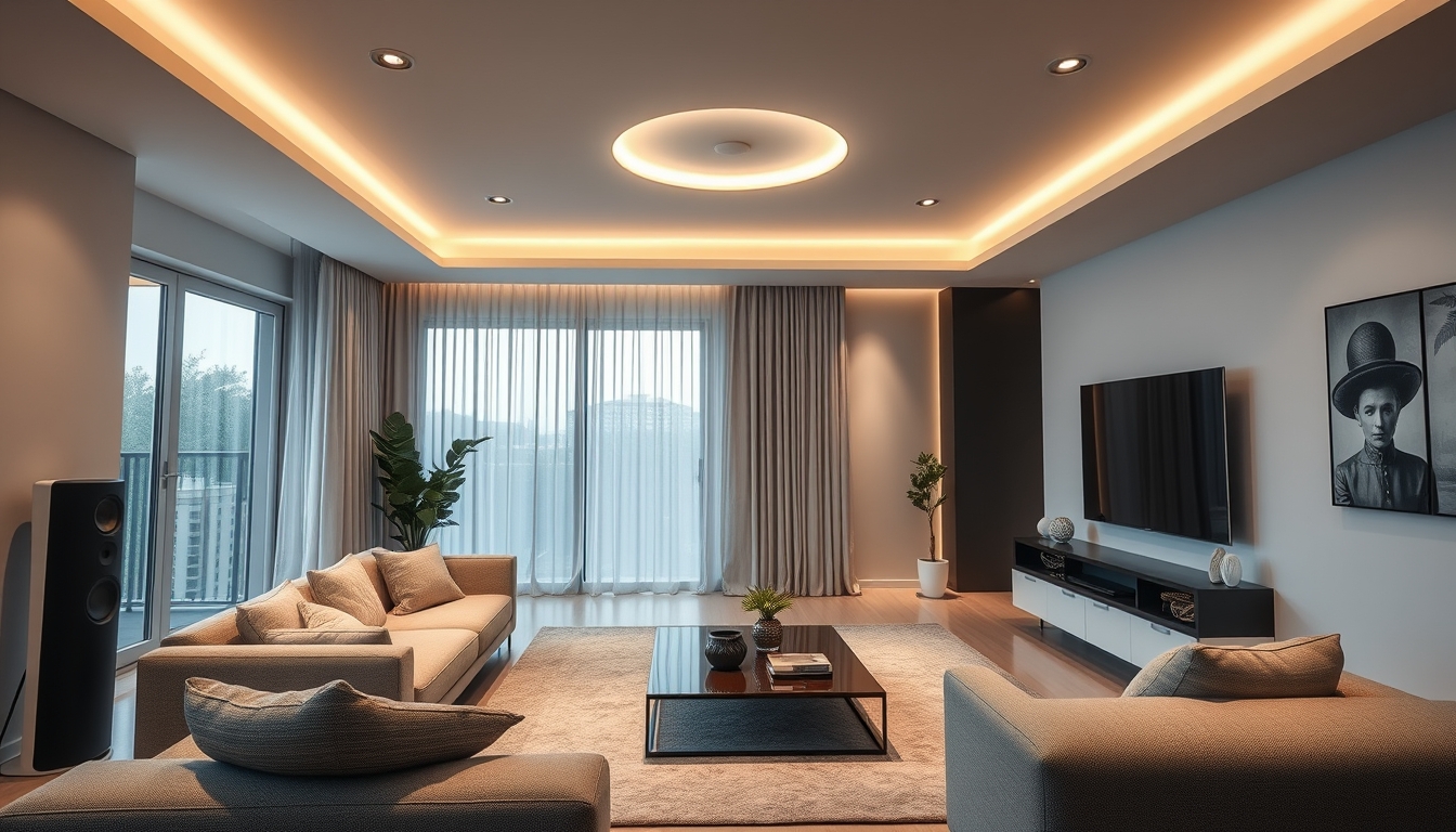 A high-tech living room with voice-activated lighting, smart speakers, and a sleek, minimalist design, all controlled by a smartphone.