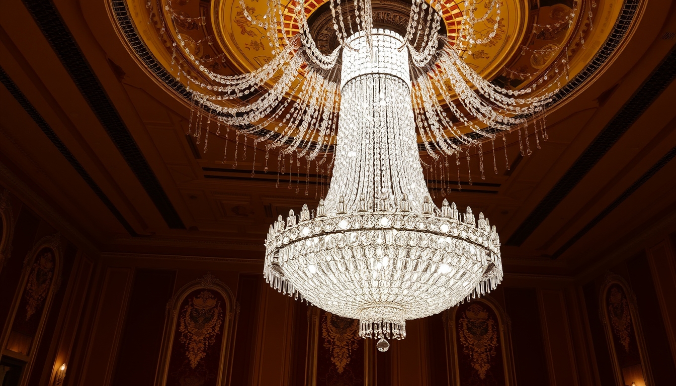 A stunning chandelier made of thousands of tiny glass crystals in a grand ballroom.