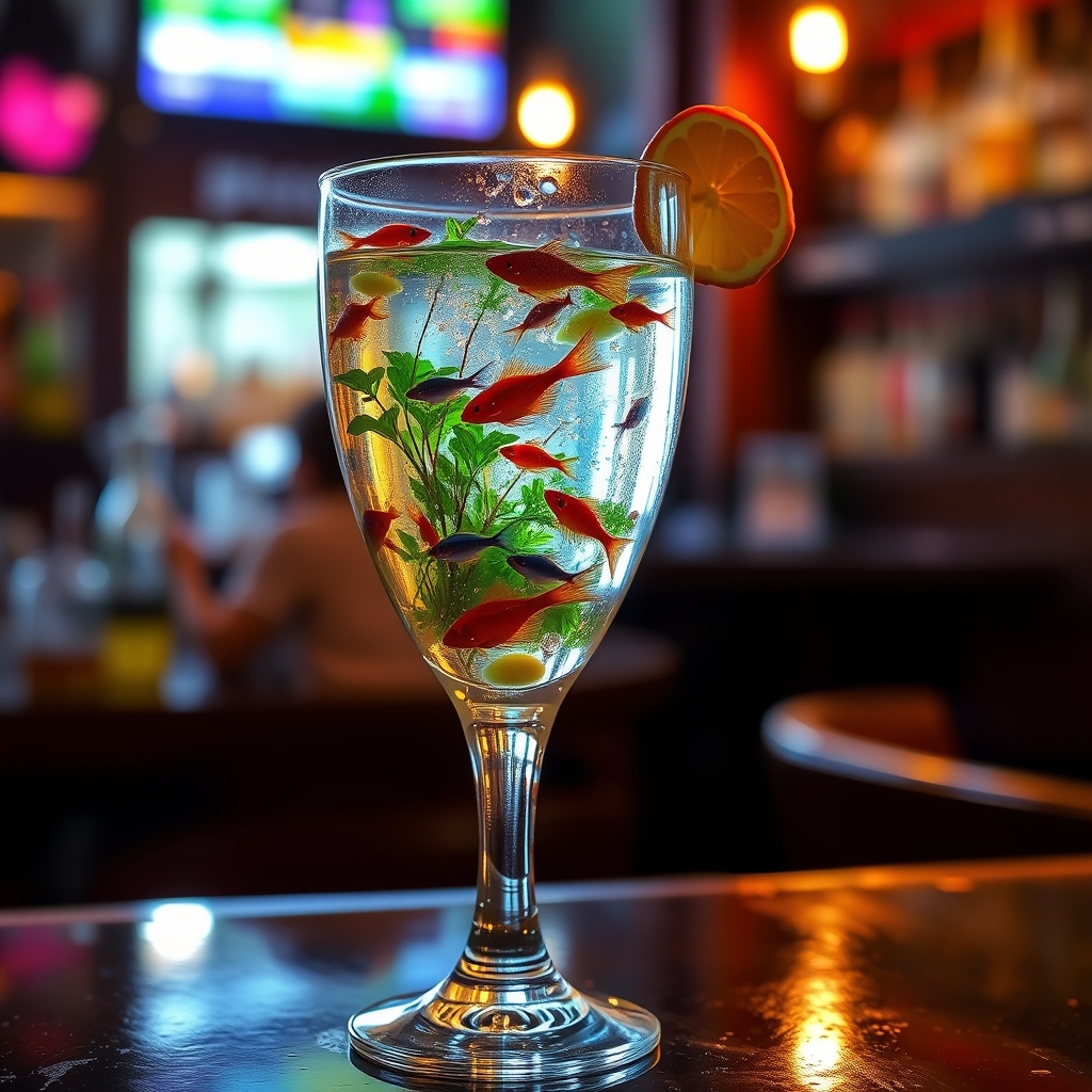 When I drink this cocktail, I feel like I am drinking a whole ecosystem. Colorful creatures swim in its tall crystal clear glass. The backlight in the pub makes them so much more interesting. - Image