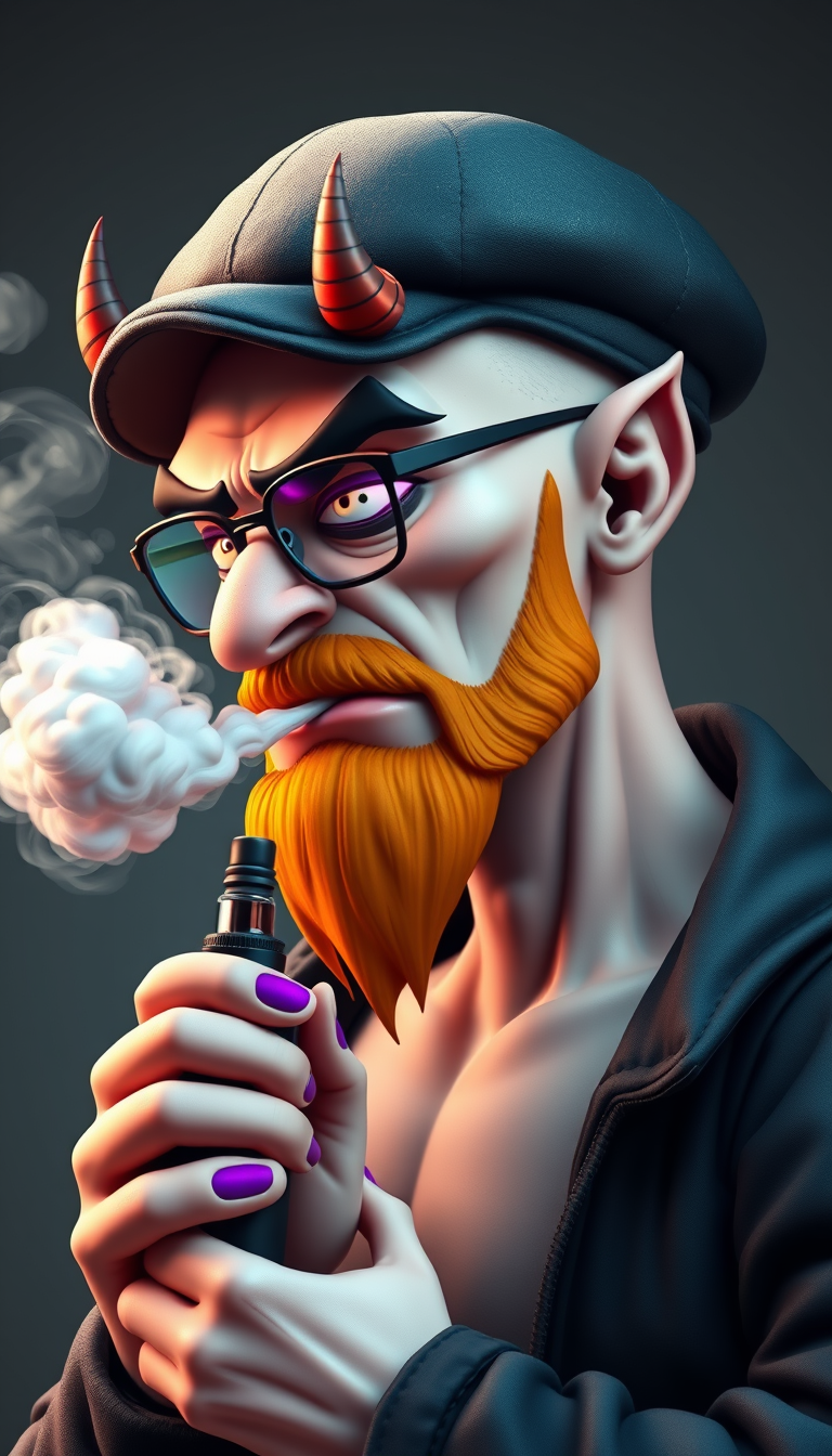 Three-quarter view of a sinister, bald cartoon human male with necromancer lich features. Demonic horns and a short fiery ginger beard contrast with dark eyebrows. He wears a weathered flat cap and aviator glasses. He clutches a sleek vape mod, exhaling dense, swirling vapor clouds. Vibrant e-liquid drips off his pale skin, creating a colorful aura. 3D rendered.