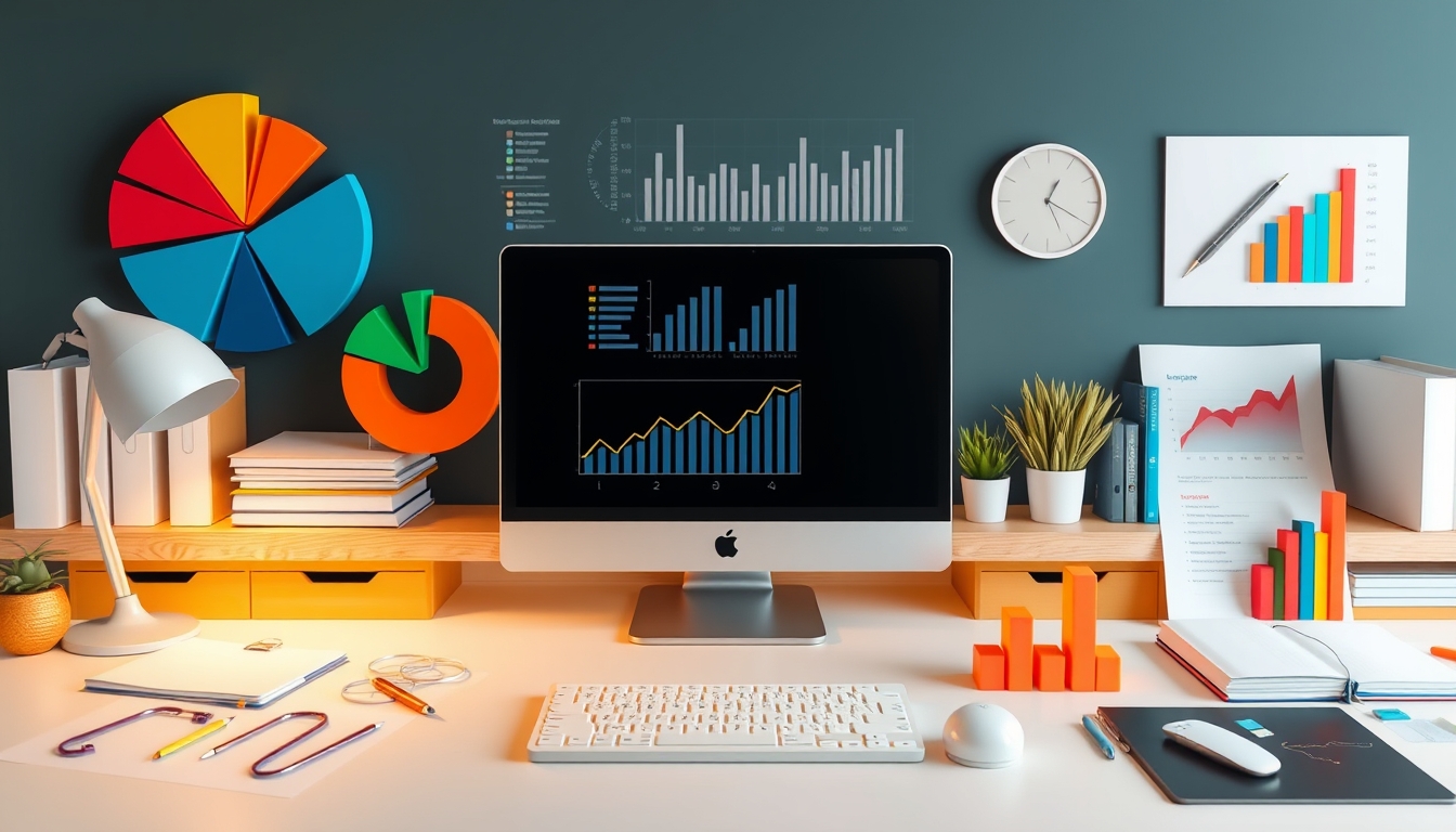 Organized Workspace with 3D Pie Charts and Graphs, Ideal for Business Presentations, Copy Space Available