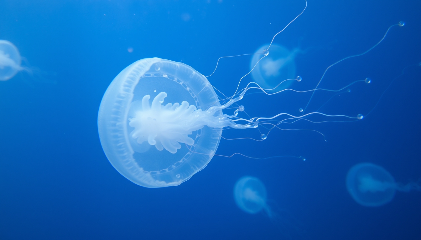 A serene underwater scene with glassy jellyfish floating gracefully.