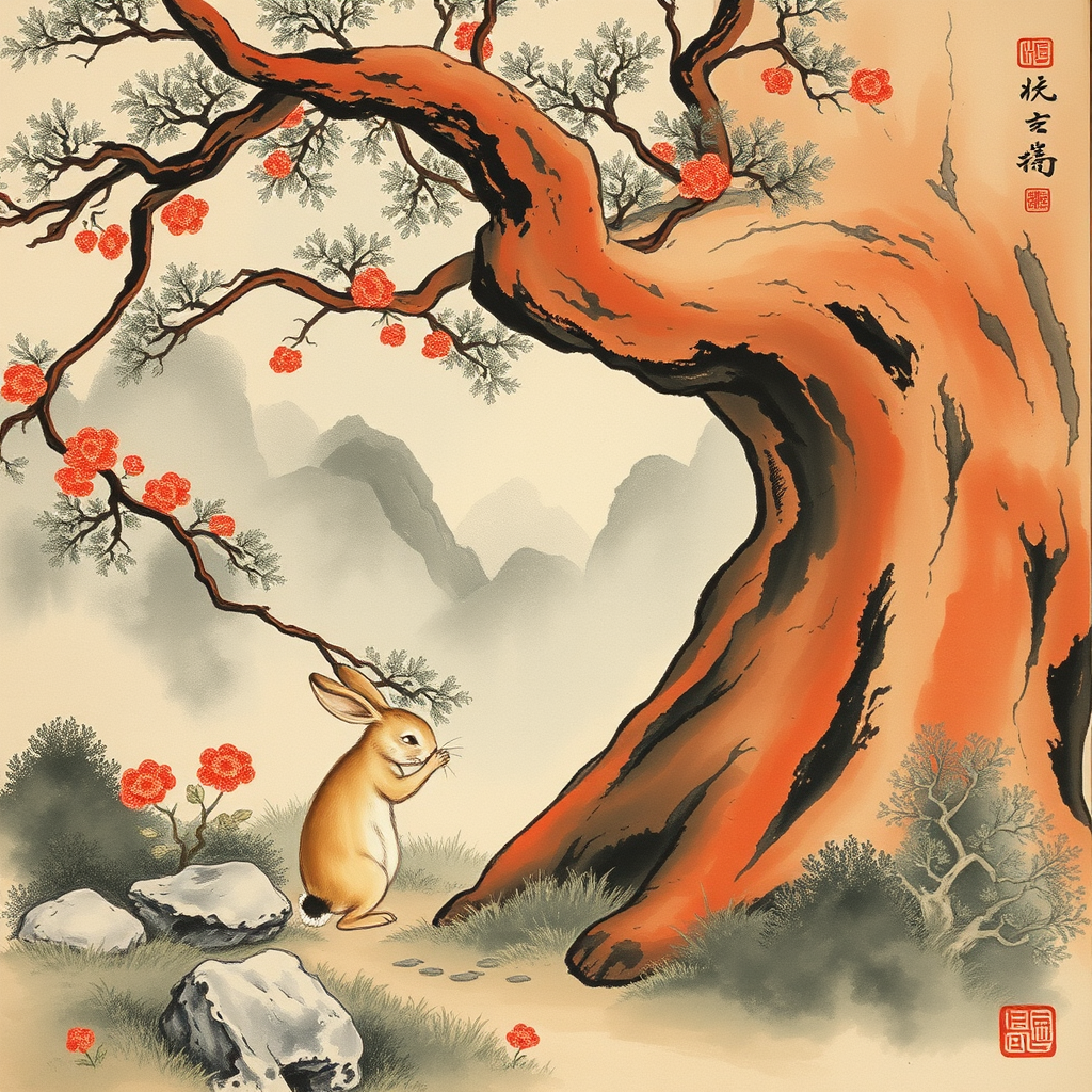 The rabbit bumped into the tree. Chinese landscape painting style. - Image