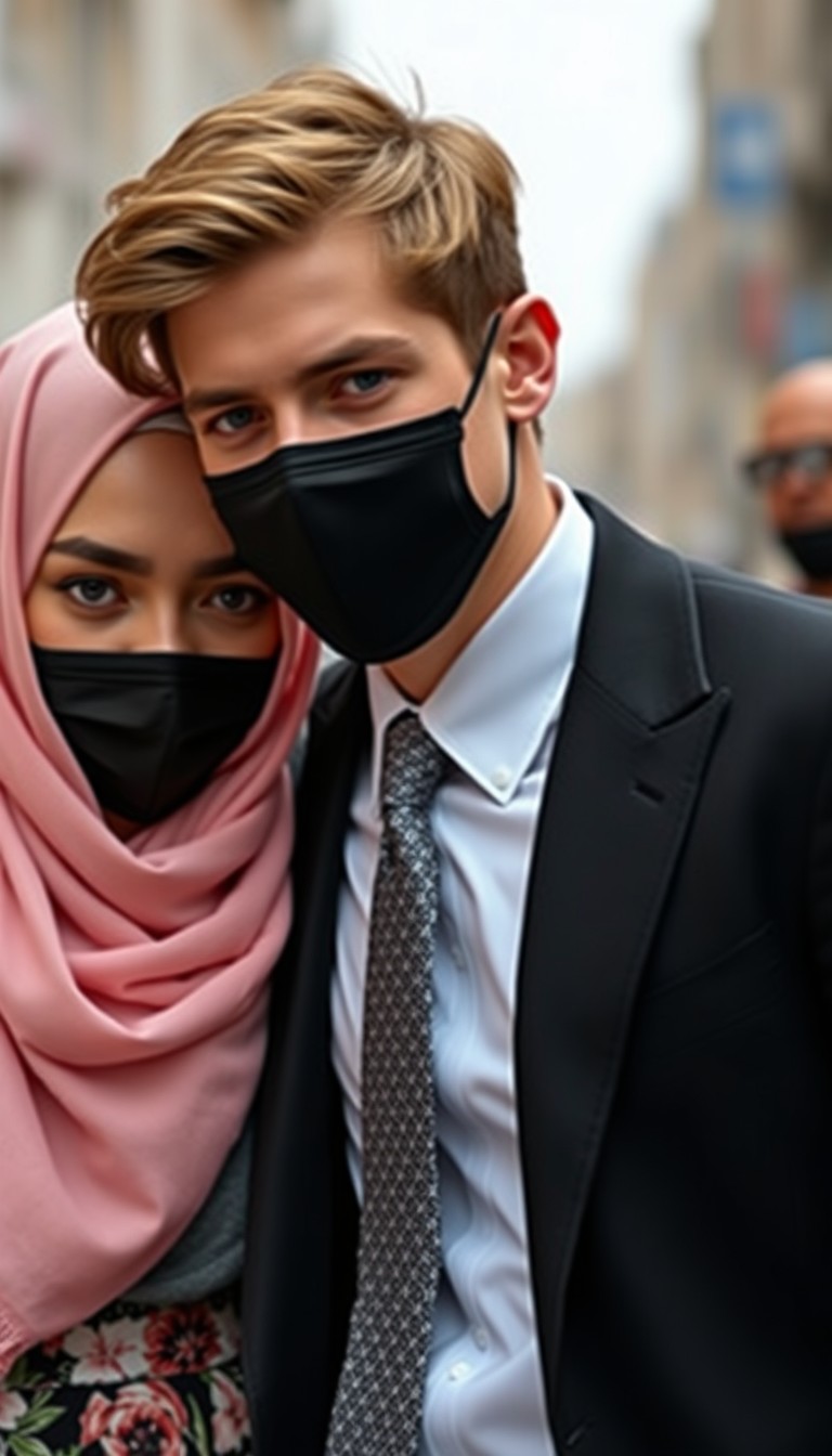 Jamie Dornan's head and body shot, handsome, young, black face mask, half-button white shirt, grey patterned tie, black suit coat, dating love with the girl in the biggest soft pink hijab, beautiful eyes, black leather jacket, black face mask, the biggest floral skirt, hyper-realistic, street photography.