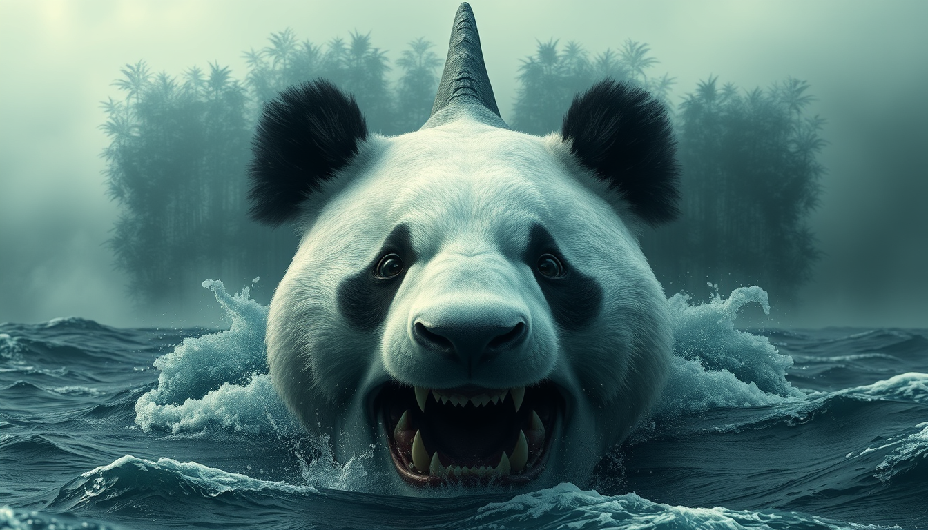 A mesmerizing hybrid creature, part great white shark, part giant panda, emerges from misty bamboo forests into turbulent ocean waters. Hyper-realistic details capture every scale and fur strand. Eyes blend primal hunger with gentle wisdom. Ancient Chinese mythology meets modern marine biology in this surreal, thought-provoking fusion.