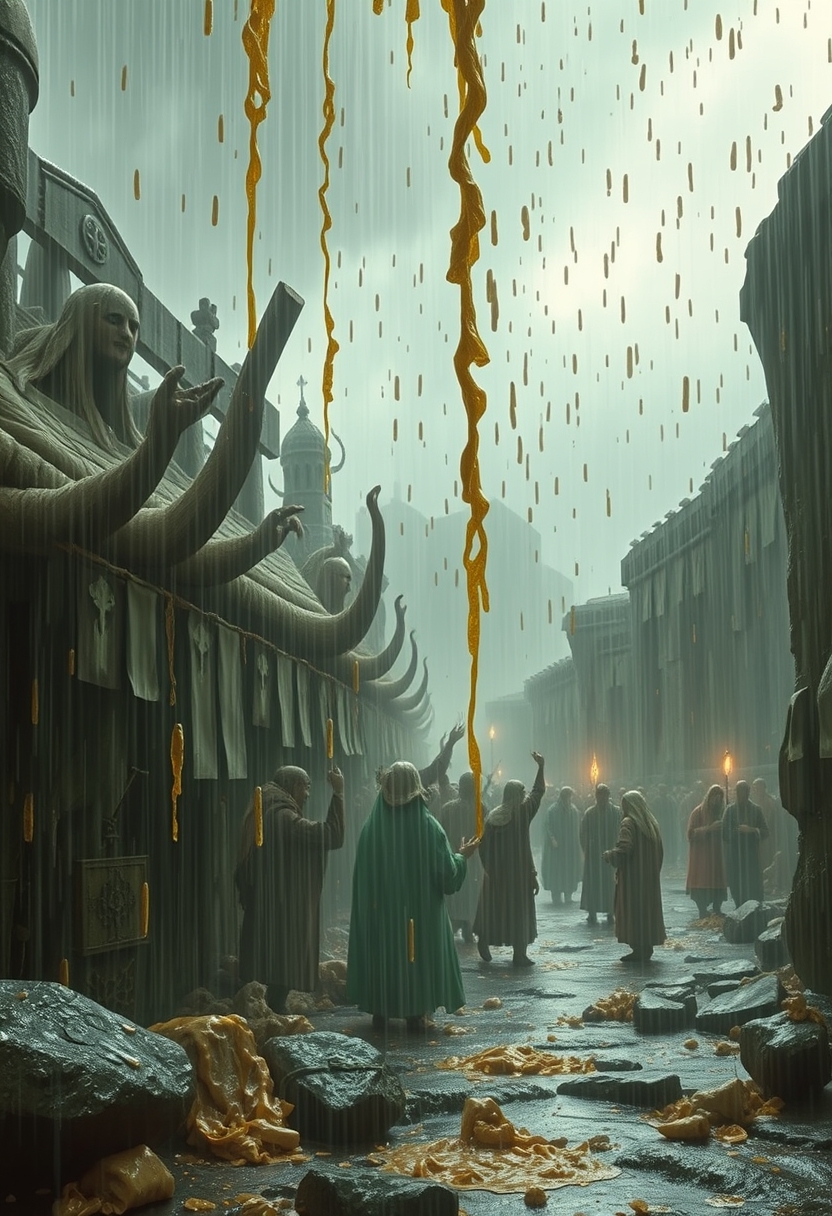 I mean this looks like it's raining human feces. The gods are pouring feces on their people. Fantasy style. - Image