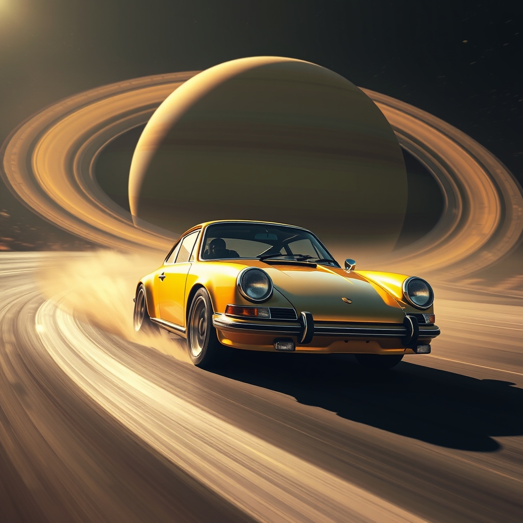 realistic looking scene depicting an old golden porsche 911 drifting across saturns ring - Image