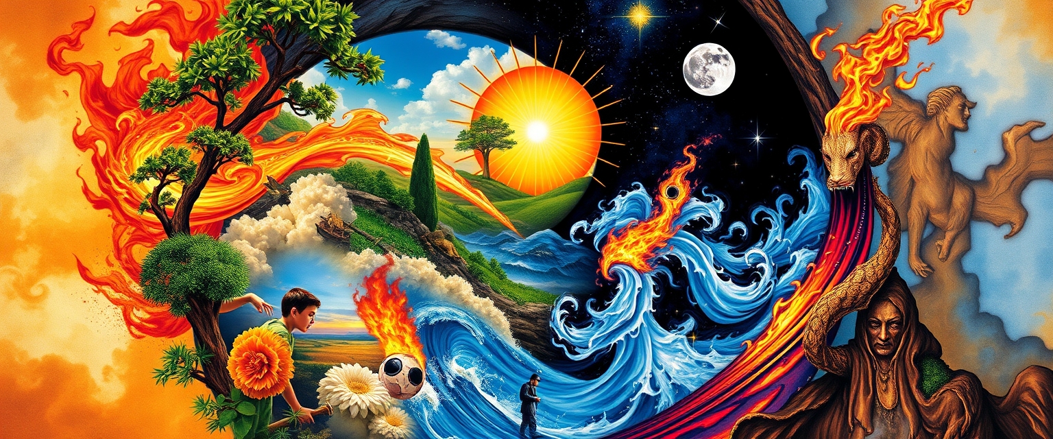 wallpaper art, yin and yang symbol, filled with scenes and examples of the 4 elements, earth, water, fire, air, vivid colors, positive emotional filled