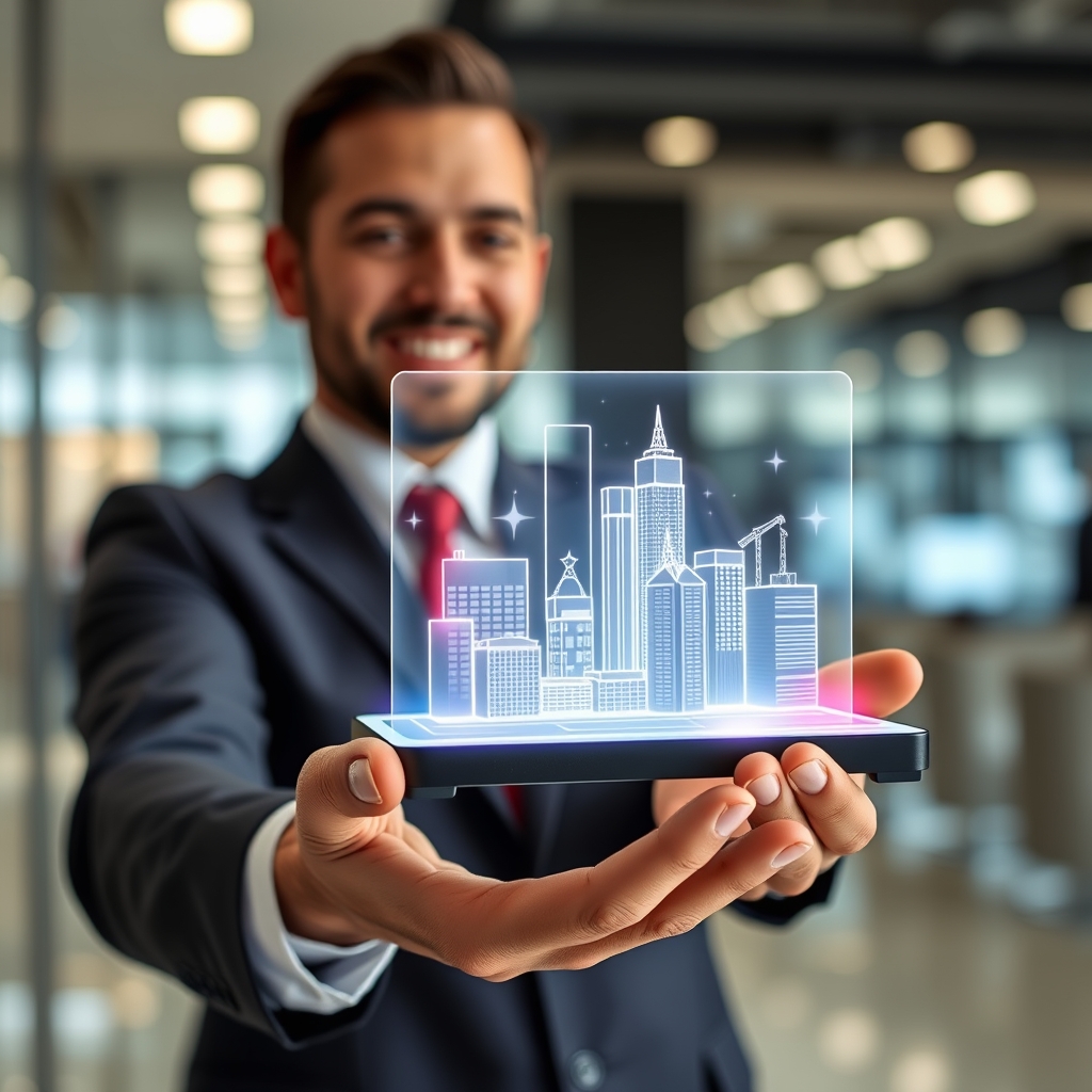 A Real Estate Agent Holding a Hologram with a City Model on the Screen